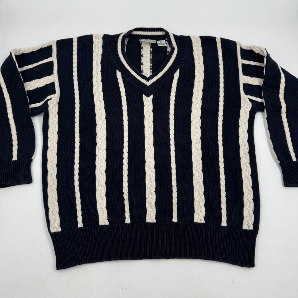 Essential Elements Mens XL V-Neck Cotton‎ Knit Striped Sweater Black Cream